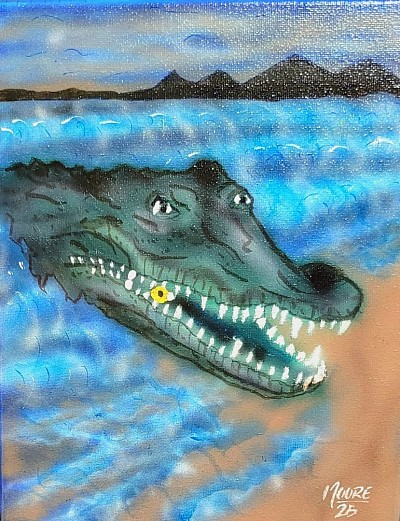 The Keeper” rises from a place where stories drown and secrets refuse to stay buried. The crocodile breaks the surface with a ring clenched between its teeth — a symbol of promise, power, and the price of holding on too long. I painted it to feel like a moment stolen from a legend, the instant before fate decides whether this creature is a guardian… or a warning.  The water churns, the colors twist, and the lines cut sharp on purpose — because nothing about this moment is gentle. It’s a reminder that some treasures demand teeth, and some truths only surface when they’re ready.  — Moore